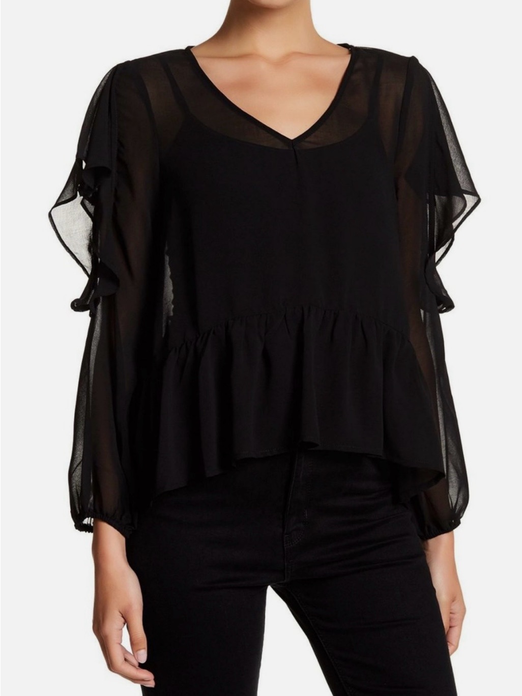 Halogen Black Sheer Ruffle V-Neck Blouse Size M Nwt